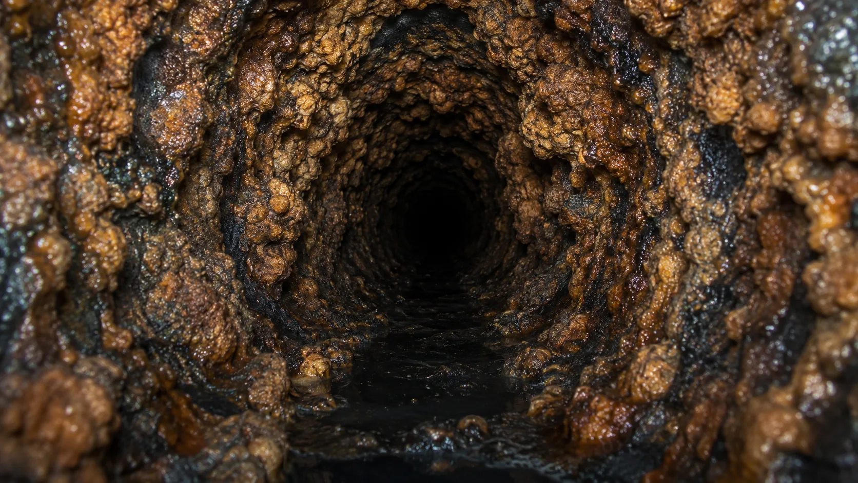 Camera view inside a severely corroded cast iron drain pipe showing thick tuberculation buildup