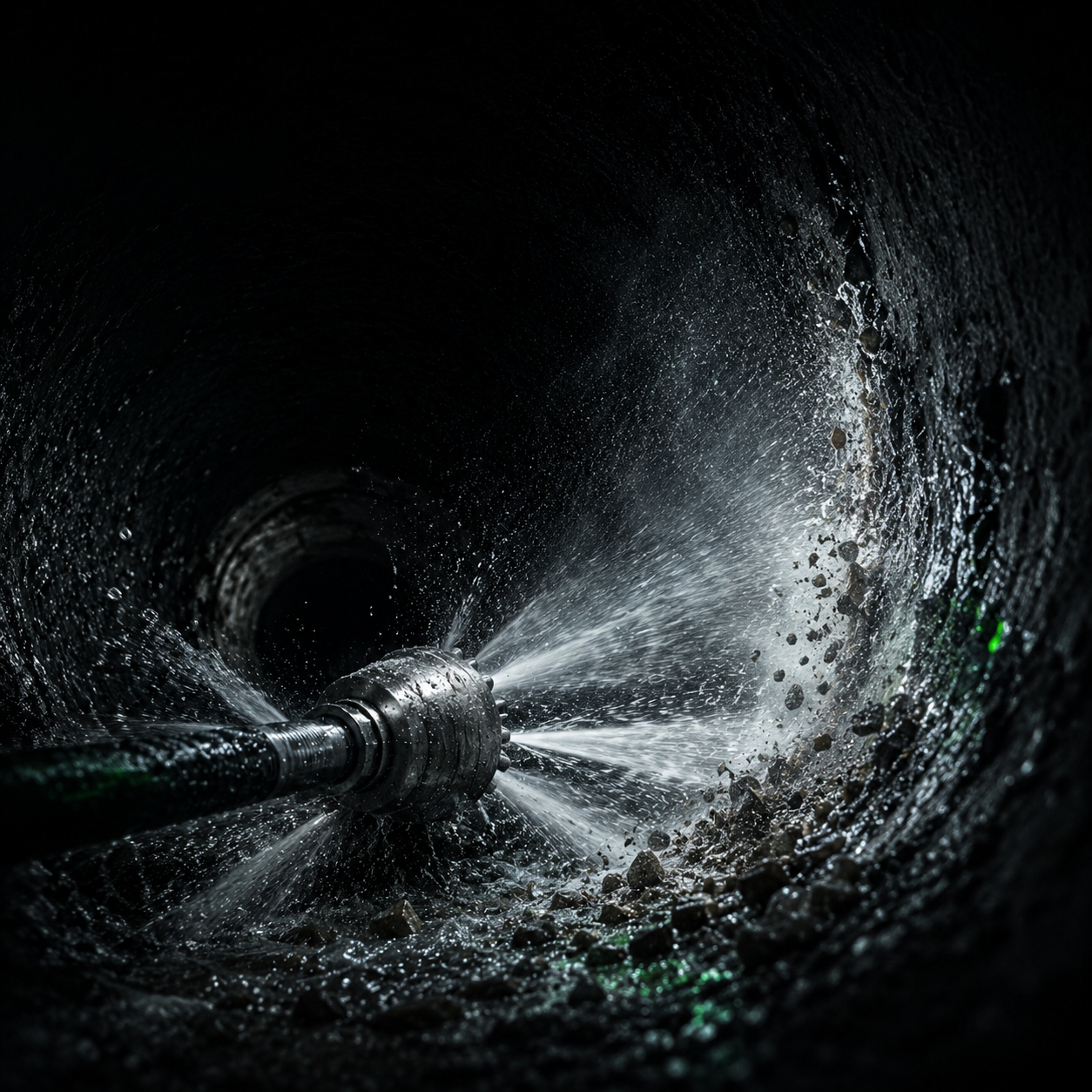 High-pressure hydro-jetting nozzle inside a sewer pipe, spraying water to remove debris and buildup.