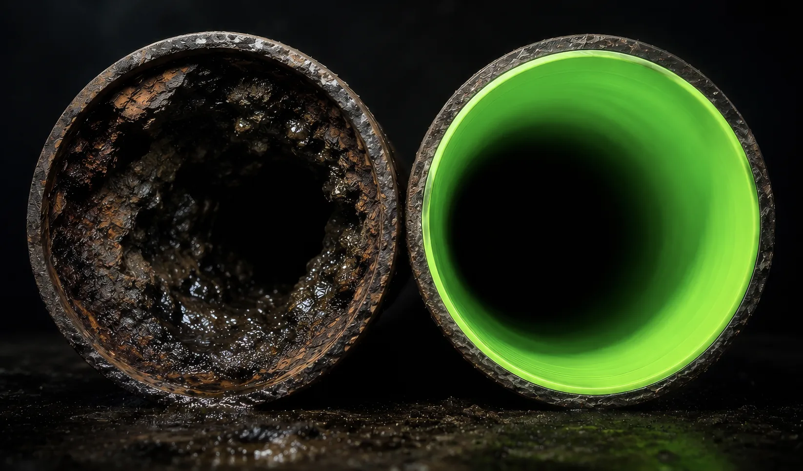 Before and after rehabilitation: tuberculated cast iron pipe on the left, smooth green CIPP-lined interior on the right.
