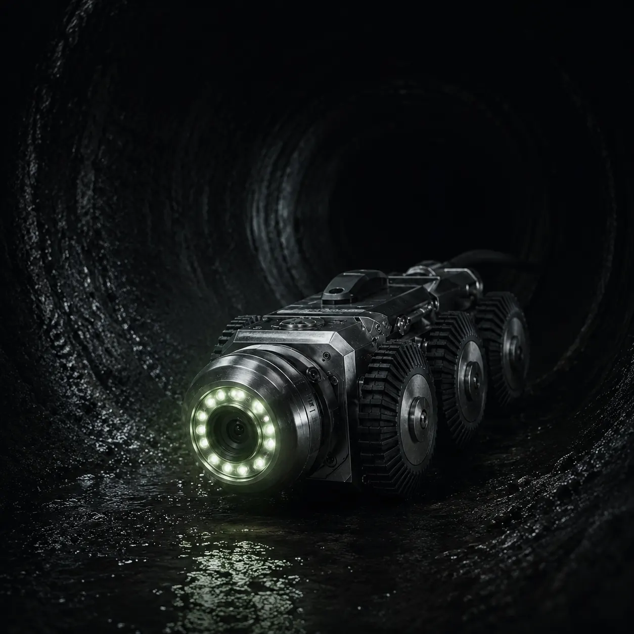 CCTV inspection robot with LED lighting inside a dark sewer pipe.