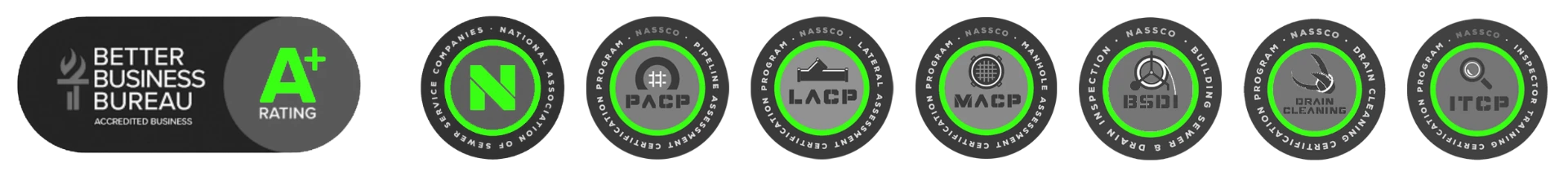 Better Business Bureau A+ Accredited Business and NASSCO certification badges (PACP, LACP, MACP, BSDI, Drain Cleaning, ITCP)