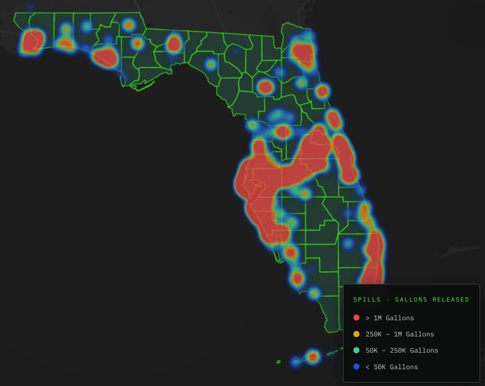 Florida SSO Risk Map preview showing spill volume heatmap by county